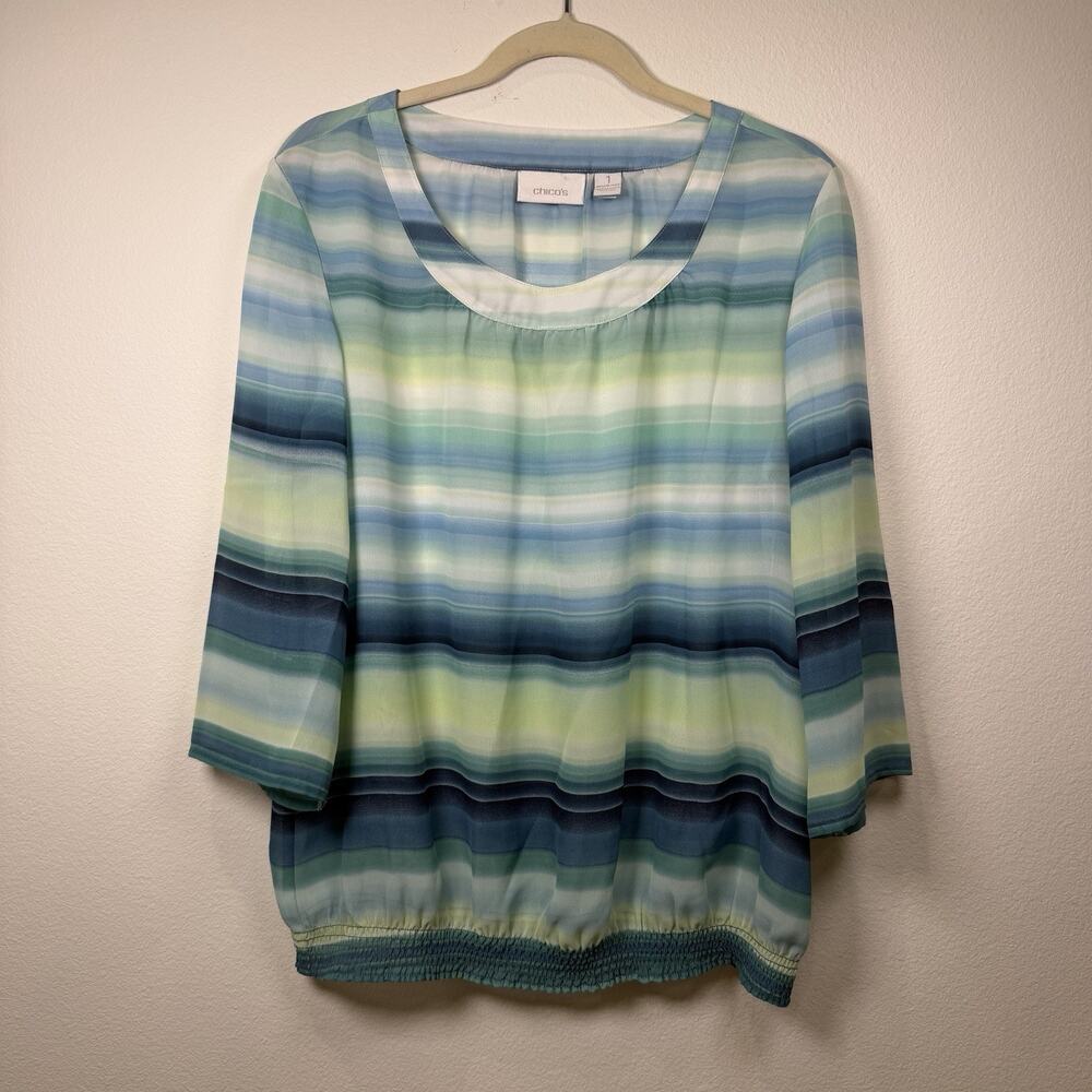Chicos Size 1 (M) Blouse Semi Sheer 3/4 Sleeves Top Blue Green Elastic Hem Beach